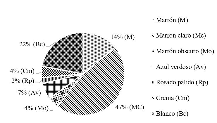 Distribución general de la coloración de huevos, n = 2494