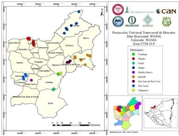 Ubicación de las unidades de producción familiar en municipios
de
Estelí, Madriz y Nueva Segovia.