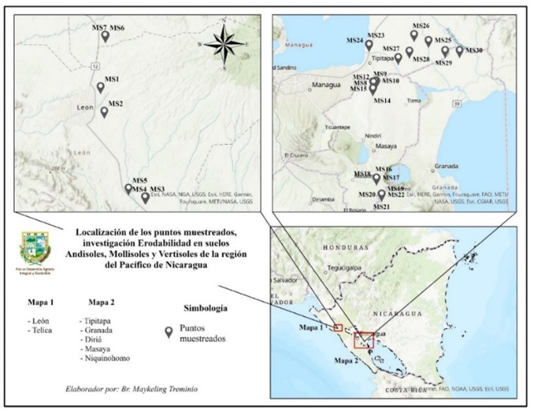 Localizaci&oacute;n de los puntos muestreados en los
municipios de Telica, Le&oacute;n,  

Tipitapa, Granada, Diri&aacute;,
Masaya y Niquinohomo, Nicaragua, 2022. 

 