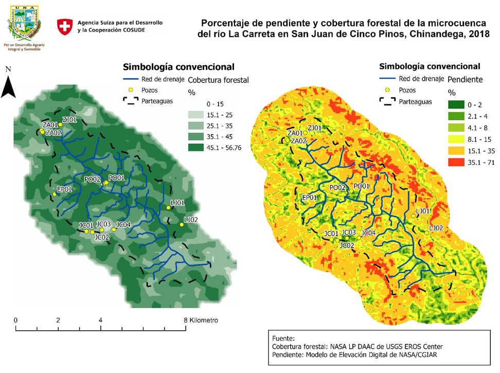 Porcentaje de pendiente y
cobertura forestal en la microcuenca del río La Carreta, San Juan de Cinco
Pinos, Chinandega, 2018.