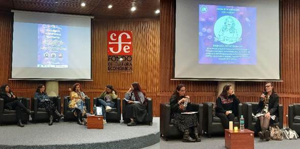 Panel de la mesa Escritura y Género, en el IV Encuentro de Escrituras y Experiencias. Las monitoras de investigación en conversación con la poeta Luisa García/Luisa Villa y las excomisionadas Alejandra Miller Restrepo y Nancy Prada Prada. 