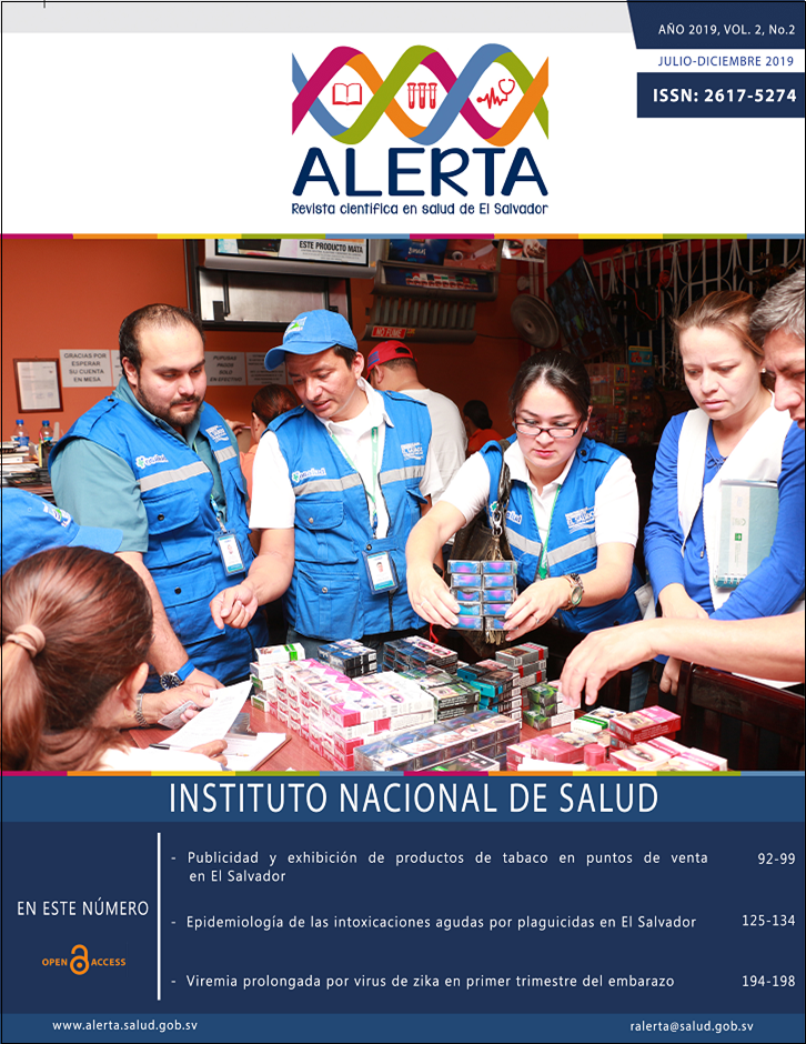 TABLA DE CONTENIDO:     EDITORIAL  Rumbo hacia la ciencia, innovación y excelencia en salud pública  Por: Xochitl Sandoval López     ARTÍCULOS ORIGINALES  (1) Publicidad y exhibición de productos de tabaco en puntos de venta en El Salvador  Por: Alejandra María Sarmiento López, Joel Adonay de Paz Flores   (2) Flora bacteriana en hospitales del Instituto Salvadoreño del Seguro Social, 2010-2017  Por: Víctor David Franco  (3) Seroprevalencia de anticuerpos IgM para zika y chikungunya en la vigilancia nacional de dengue  Por: Carlos E. Hernández Ávila, Ernesto Pleités Sandoval  (4) Determinación de la respuesta glucémica en ratones experimentales entre tres tipos de chocolate  Por: Elizabeth Monserrath Coto Hernández, José Guillermo Mejía Valencia   (5) Epidemiología de las intoxicaciones agudas por plaguicidas en El Salvador  Por: Edgar Quinteros, Alejandro López  (6) Advertencias sanitarias y empaquetado neutro de productos de tabaco en la percepción de los salvadoreños  Por: Alejandra María Sarmiento López, Joel Adonay de Paz Flores  (7) Factores de riesgo relacionados con el parto prematuro en El Salvador  Por: Larisa Chavarría  (8) Patrones electroencefalográficos y evolución clínica en pacientes con encefalopatía en Unidad de Cuidados Intensivos  Por: Karol Carolina Carballo, Ricardo Carbonell Mateu, Susana Peña, Roberto Leonel Ayala Minero     TECNOLOGÍA SANITARIA  (9) Filtro de roca basáltica para agua residual  Por: Manolo Echeverría Mata     COMUNICACIONES BREVES  (10) Atención preconcepcional: brechas en la atención de salud sexual y reproductiva en El Salvador  Por: Mireya Jandres     METODOLOGÍA DE LA INVESTIGACIÓN  (11) Control de sesgos: piedra angular de la validez interna en la investigación para la salud  Por: María-Virginia Rodríguez Funes     DIAGNÓSTICO POR IMÁGENES  (12) Síndrome de banda amniótica  Por: Francisco Javier Delgado Montano, Sandra Carolina Mena Ugarte     CASO CLÍNICO  (13) Viremia prolongada por virus de zika en primer trimestre del embarazo  Por: Carlos E. Hernández Ávila, Ana María Barrientos, Élmer Wilfredo Mendoza